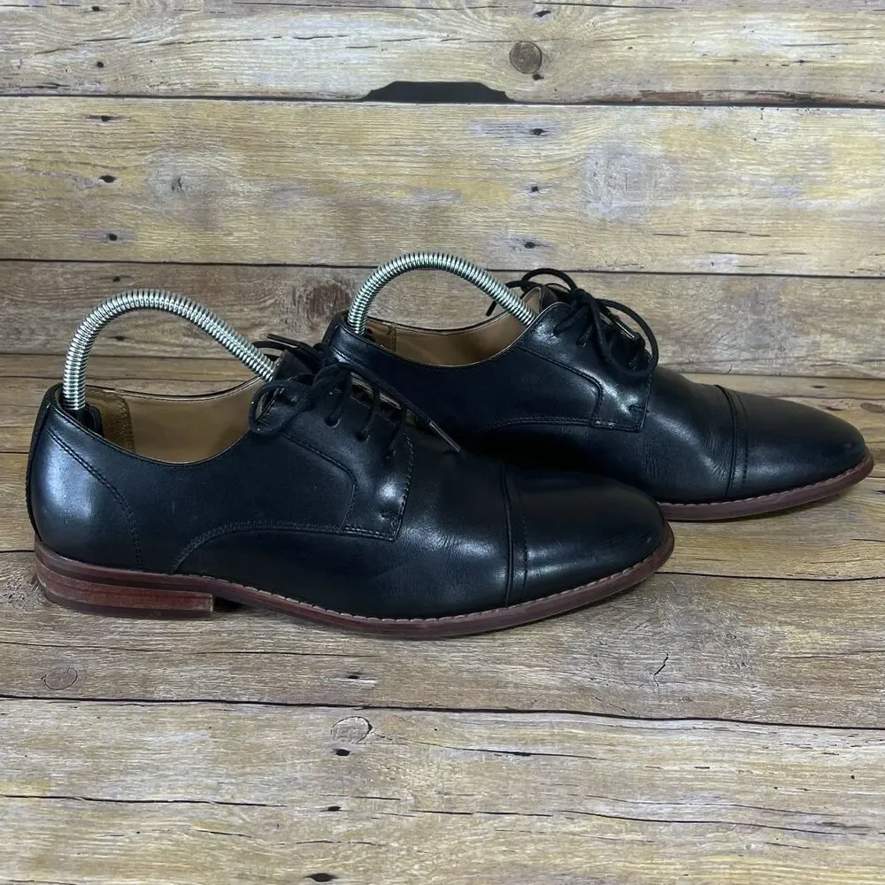 Black Leather Cap Toe Oxford Derby Dress Shoes SZ 7 Brown Stacked Heel‎ Mens